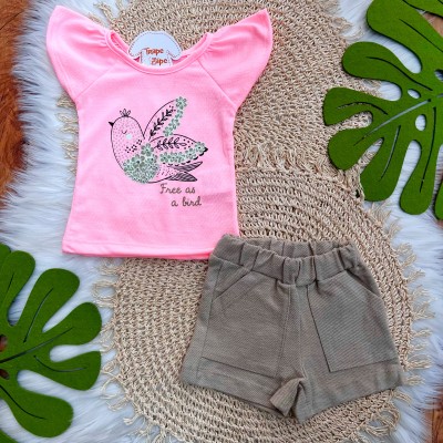 Conj. Blusa Free as a Bird e Short - Rosa Neon e Areia